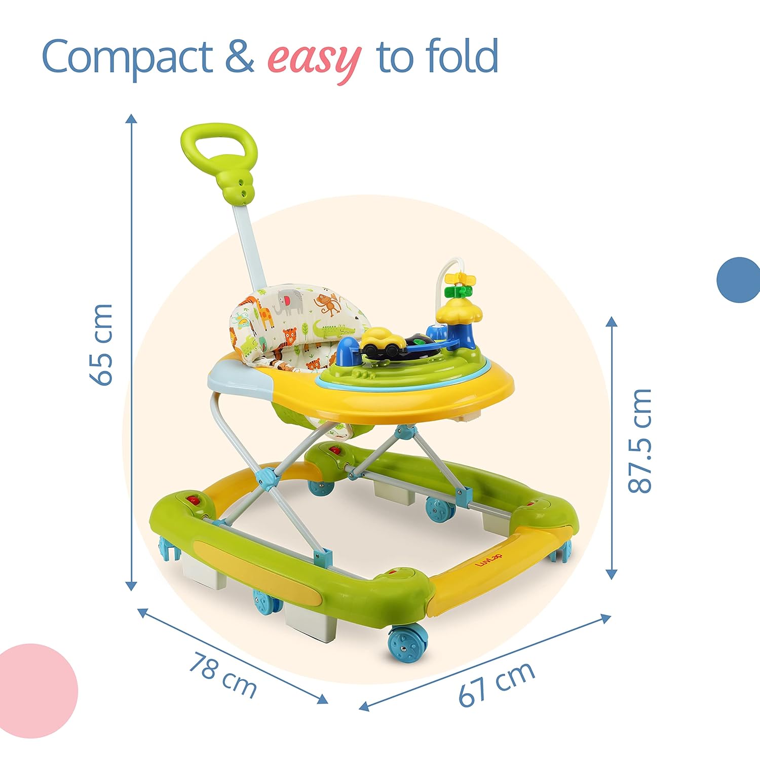 Bright yellow and green baby walker and rocker, providing a safe and engaging play experience with lights, music, and parental control. www.usmile.toys